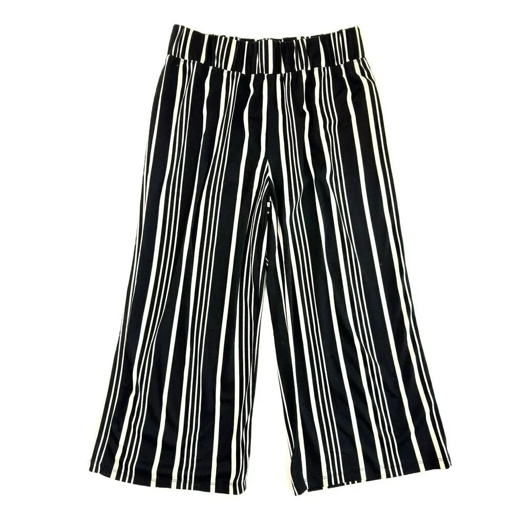 French Laundry Wide Leg Cropped Pants M Black & White Striped Elastic Waist